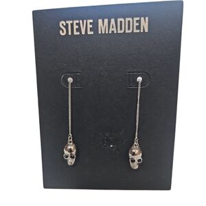 Steve Madden Woman Stainless Steel Silver Tone Skull Threader Long ChainEarrings